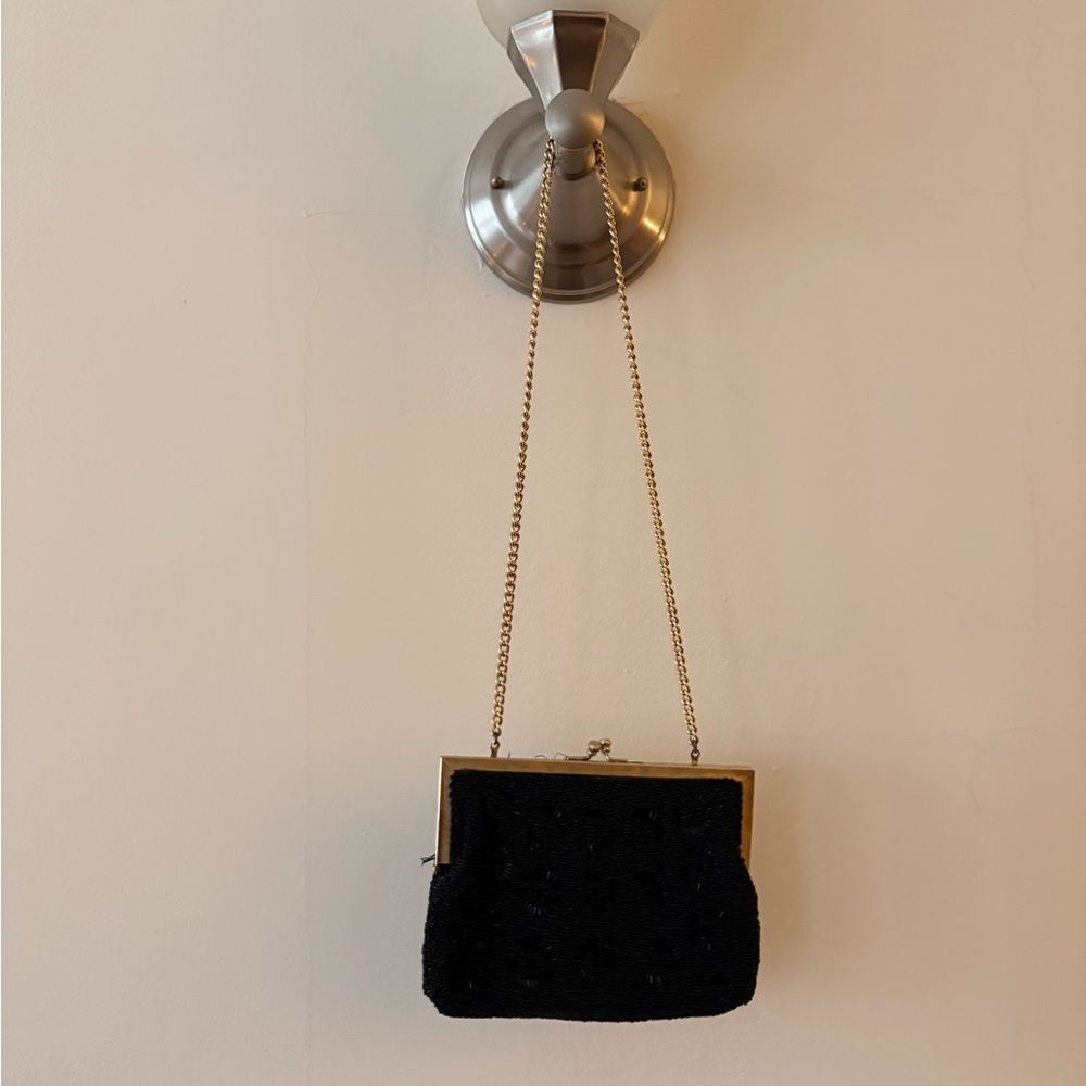 Vintage Black Beaded Evening Clutch Shoulder Purse Retro Formal Bag